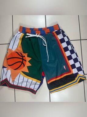 Men's Green Multicolor Athletic Basketball Shorts with Graphic Panels